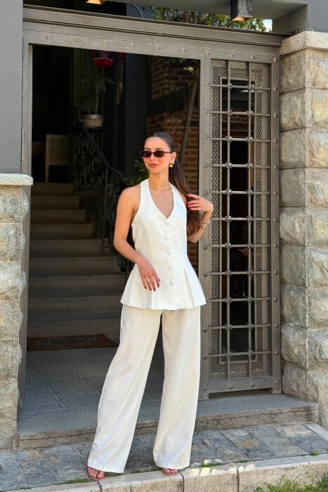 ONE COLOR OPEN BACK VEST + TROUSERS WOMAN SET WHITE-E BARDHE - 2