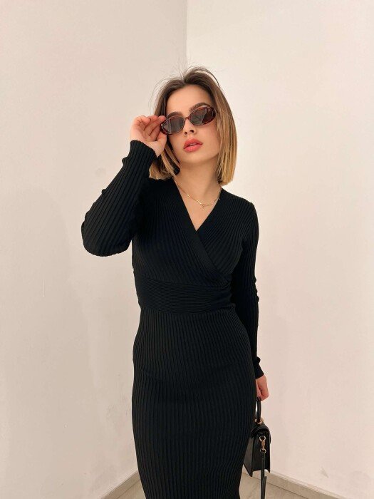 ONE COLOR OPEN NECK WOMEN DRESS BLACK/ E ZEZE - 2