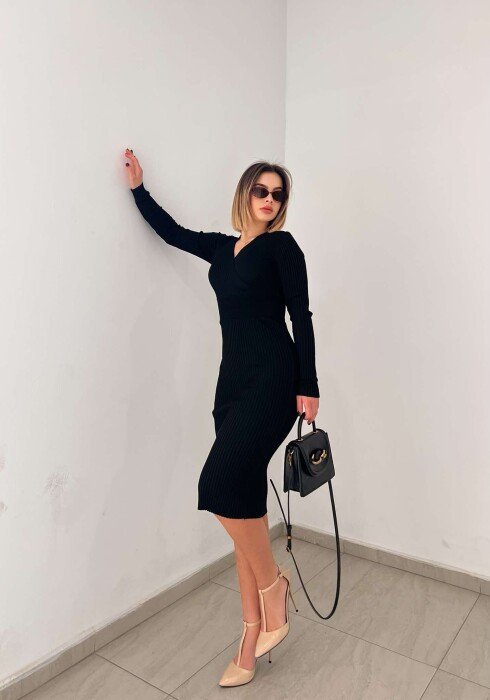 ONE COLOR OPEN NECK WOMEN DRESS BLACK/ E ZEZE - 7