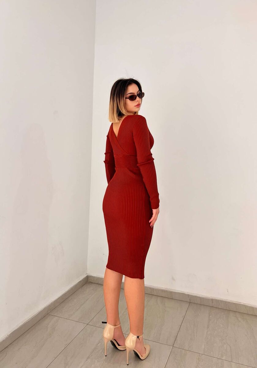 ONE COLOR OPEN NECK WOMEN DRESS BROWN/KAFE - 5