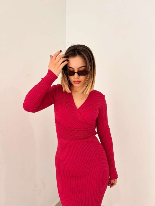 ONE COLOR OPEN NECK WOMEN DRESS FUCHSIA/CIKLAMI - 1