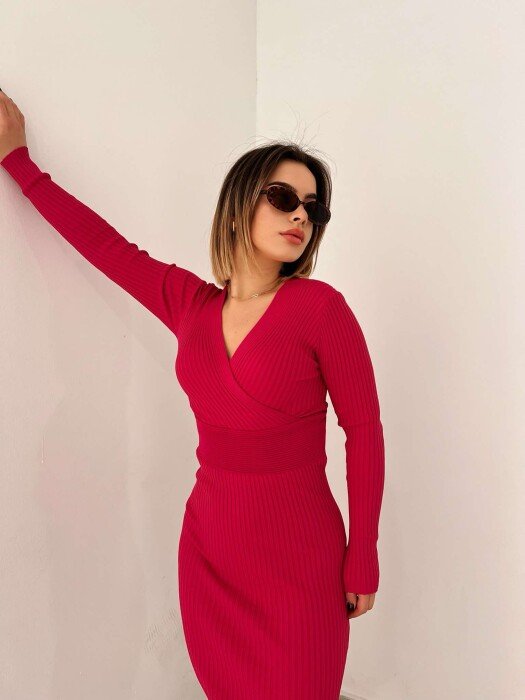 ONE COLOR OPEN NECK WOMEN DRESS FUCHSIA/CIKLAMI - 2
