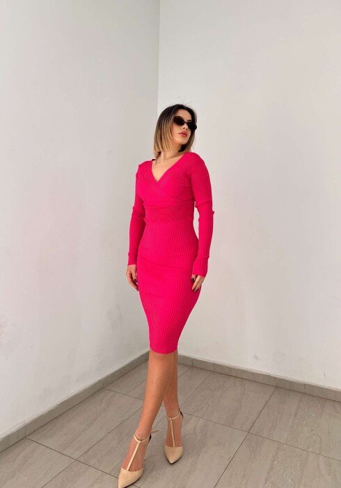 ONE COLOR OPEN NECK WOMEN DRESS PINK/ROZE - 5