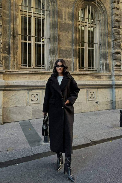 ONE COLOR OVERSIZE GOLD BUTTONS WOMEN COAT BLACK/ E ZEZE - 1
