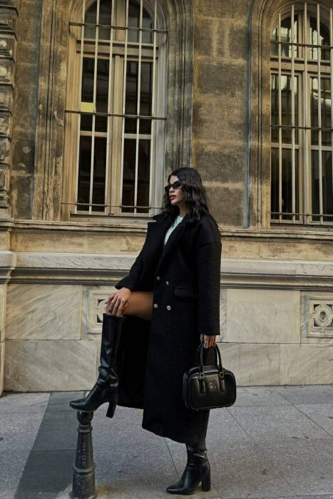 ONE COLOR OVERSIZE GOLD BUTTONS WOMEN COAT BLACK/ E ZEZE - 3