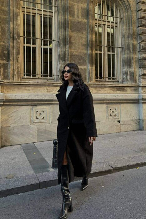 ONE COLOR OVERSIZE GOLD BUTTONS WOMEN COAT BLACK/ E ZEZE - 5