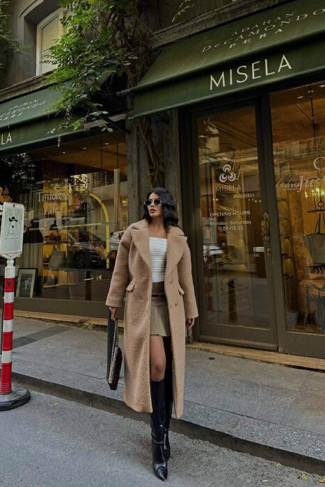 ONE COLOR OVERSIZE GOLD BUTTONS WOMEN COAT LIGHT BROWN/KAZB - 3