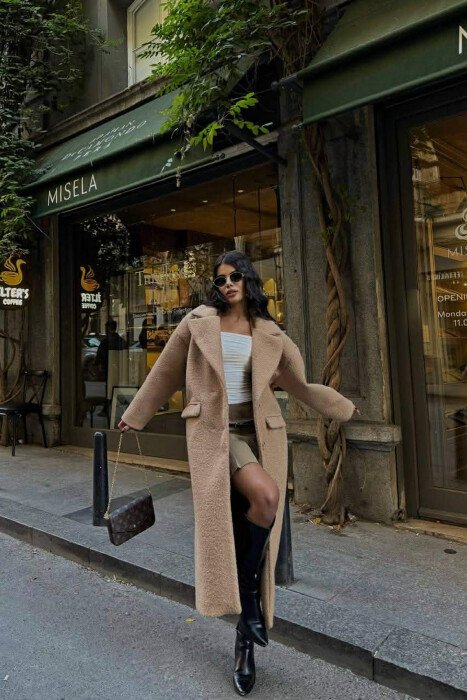 ONE COLOR OVERSIZE GOLD BUTTONS WOMEN COAT LIGHT BROWN/KAZB - 4