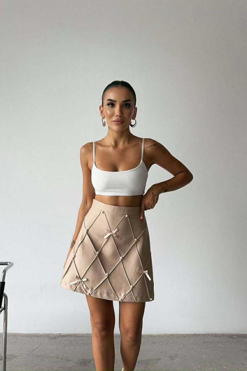 ONE COLOR PEARL DETAILS JACKET+SKIRT WOMEN SET BEIGE/BEZHE - 4
