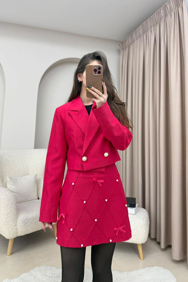 ONE COLOR PEARL DETAILS JACKET+SKIRT WOMEN SET FUCHSIA/CIKLAMI - 4