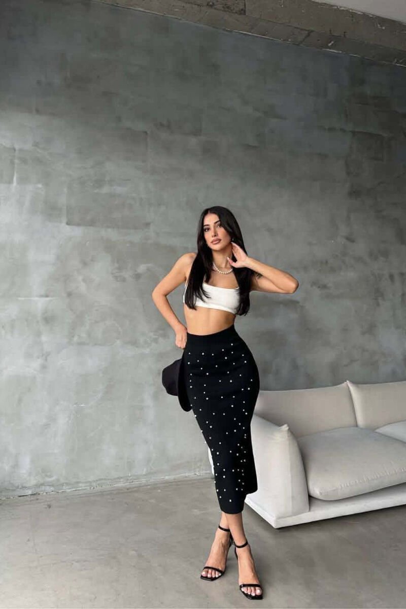 ONE COLOR PEARL DETAILS LONG WOMAN SKIRT BLACK/ E ZEZE - 1