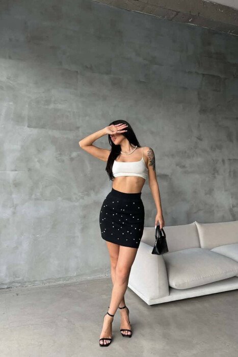 ONE COLOR PEARL DETAILS WOMAN SKIRT BLACK/ E ZEZE - 