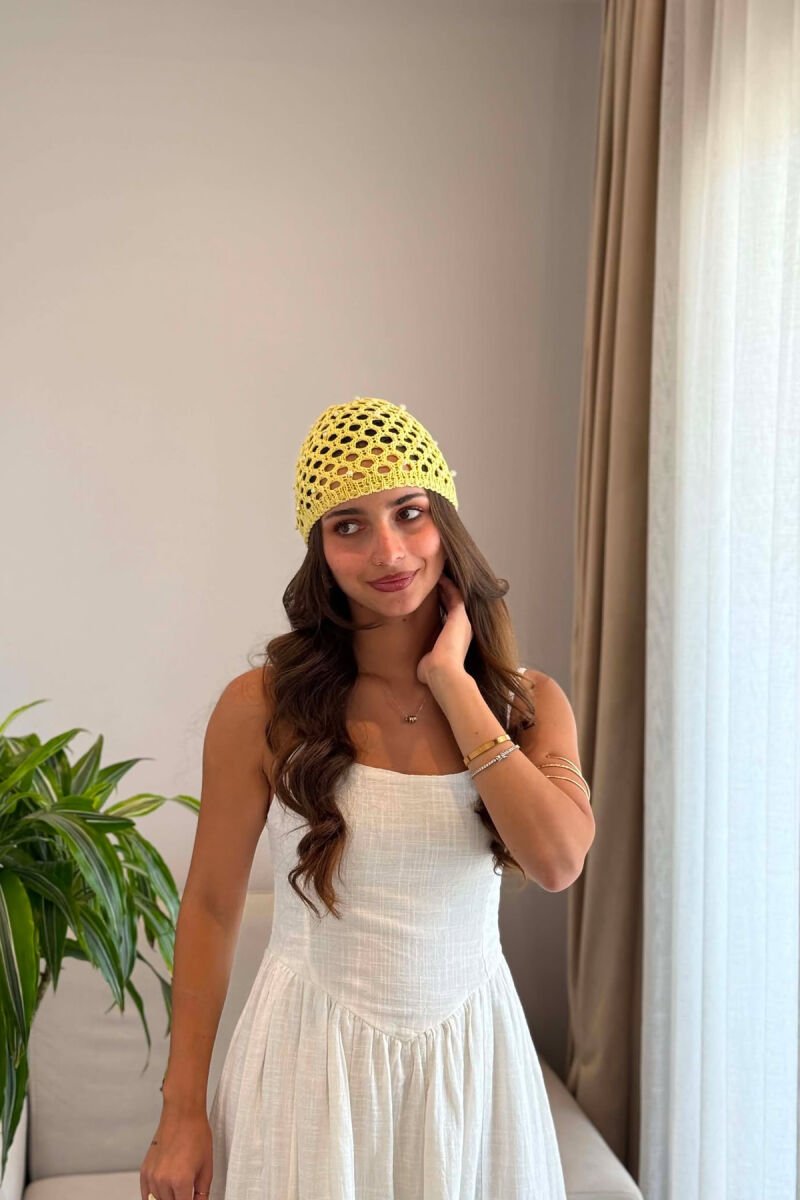 ONE COLOR PEARLS DETAILS WOMAN CROCHET HAT YELLOW/E VERDHE - 1