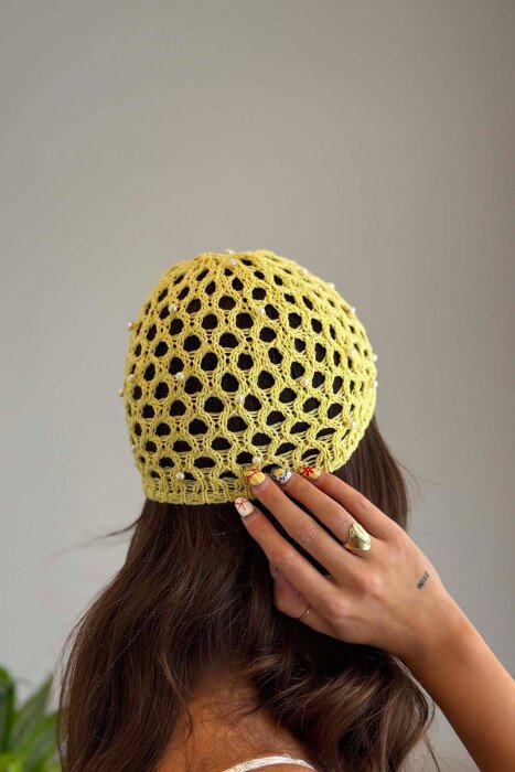 ONE COLOR PEARLS DETAILS WOMAN CROCHET HAT YELLOW/E VERDHE - 2