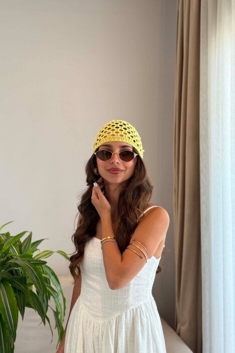 ONE COLOR PEARLS DETAILS WOMAN CROCHET HAT YELLOW/E VERDHE - 3