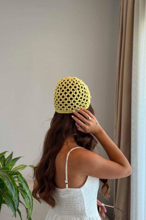 ONE COLOR PEARLS DETAILS WOMAN CROCHET HAT YELLOW/E VERDHE - 4