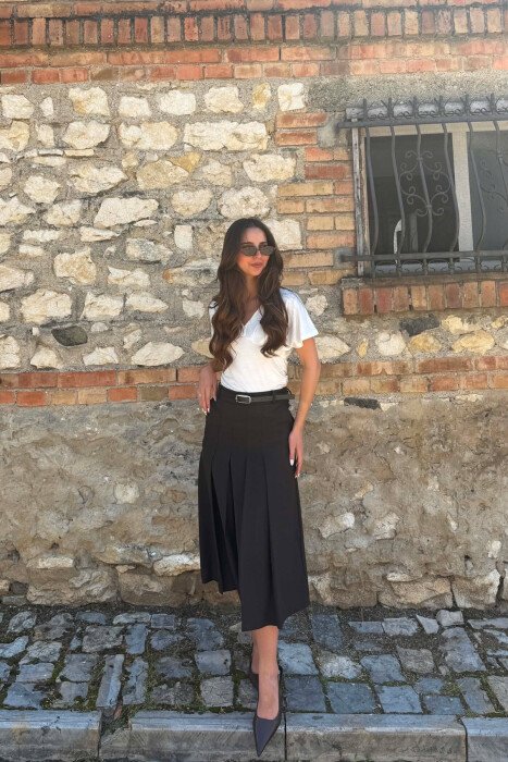 ONE COLOR PLEATED BELT DETAIL LONG WOMAN SKIRT DARK BROWN/KAE - 2