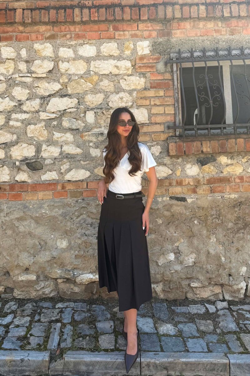 ONE COLOR PLEATED BELT DETAIL LONG WOMAN SKIRT DARK BROWN/KAE - 2