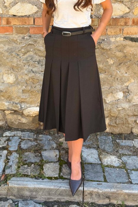 ONE COLOR PLEATED BELT DETAIL LONG WOMAN SKIRT DARK BROWN/KAE - 3