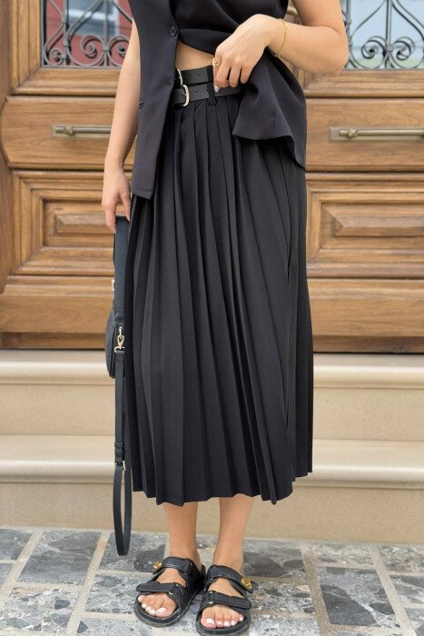 ONE COLOR PLEATED BELT DETAILS WOMEN SKIRT BLACK/ E ZEZE - 1