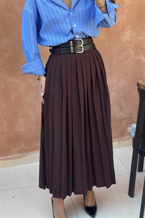 ONE COLOR PLEATED BELT DETAILS WOMEN SKIRT BROWN/KAFE - 4