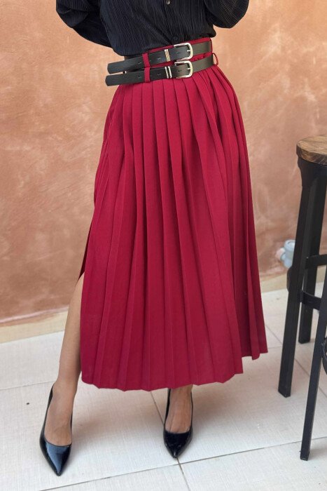 ONE COLOR PLEATED BELT DETAILS WOMEN SKIRT BURGUNDY/VISHNJE - KLAUDIO FASHION
