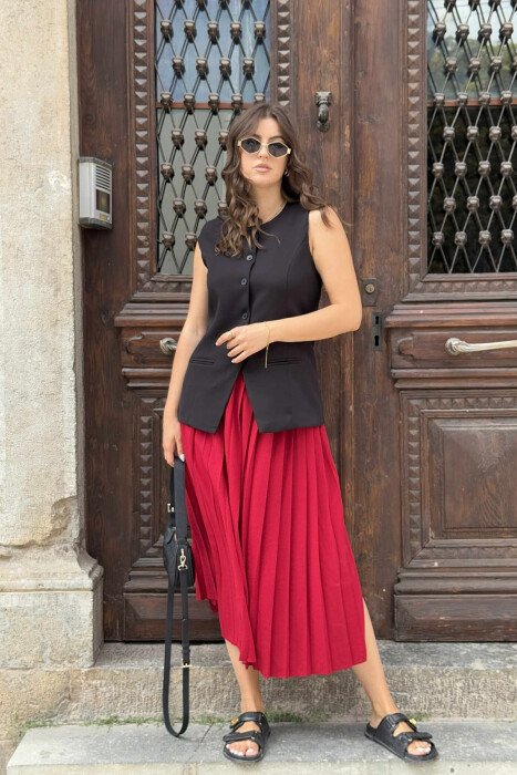 ONE COLOR PLEATED BELT DETAILS WOMEN SKIRT BURGUNDY/VISHNJE - 7