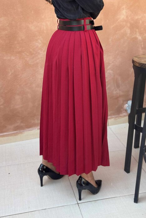 ONE COLOR PLEATED BELT DETAILS WOMEN SKIRT BURGUNDY/VISHNJE - 5