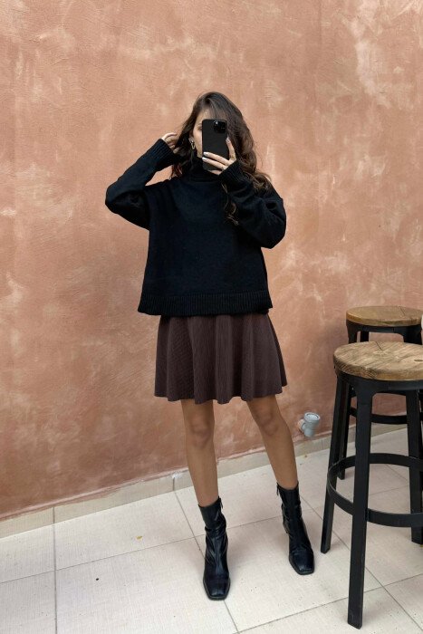 ONE COLOR PLEATED ELASTIC WAIST WOMEN SKORT BROWN/KAFE - 4