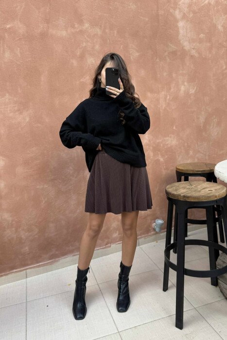 ONE COLOR PLEATED ELASTIC WAIST WOMEN SKORT BROWN/KAFE - 5