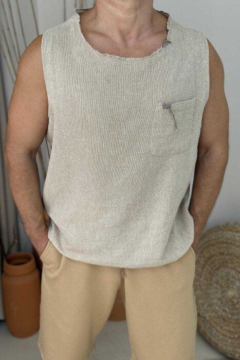 ONE COLOR POCKET DETAIL MEN TANK TOP BEIGE/BEZHE - KLAUDIO FASHION