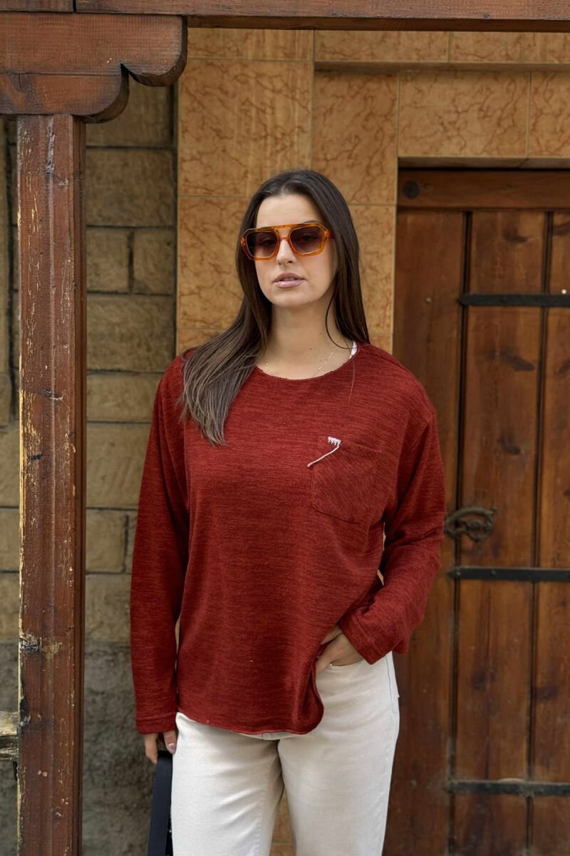 ONE COLOR POCKET DETAIL WOMEN SWEATER BRICK/TULLE - 2