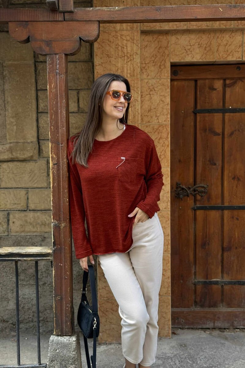 ONE COLOR POCKET DETAIL WOMEN SWEATER BRICK/TULLE - 1