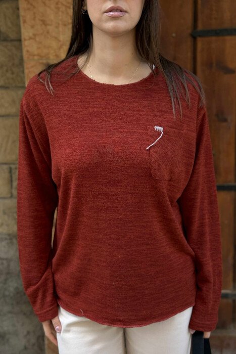 ONE COLOR POCKET DETAIL WOMEN SWEATER BRICK/TULLE - 5