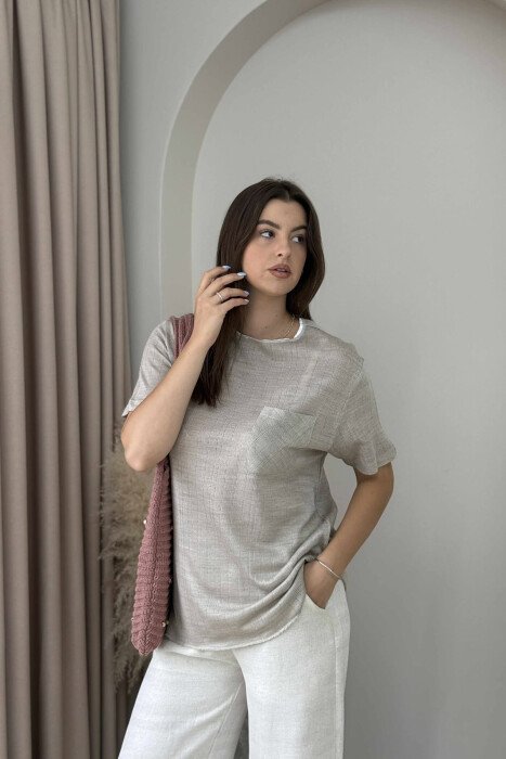 ONE COLOR POCKET DETAIL WOMEN T-SHIRT BEIGE/BEZHE - KLAUDIO FASHION