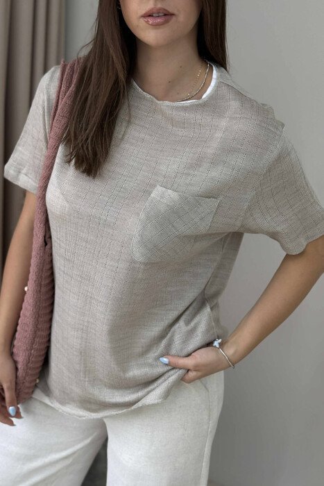 ONE COLOR POCKET DETAIL WOMEN T-SHIRT BEIGE/BEZHE - 2