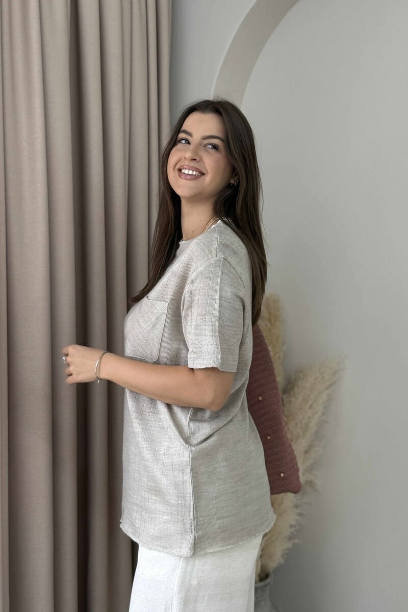 ONE COLOR POCKET DETAIL WOMEN T-SHIRT BEIGE/BEZHE - 3