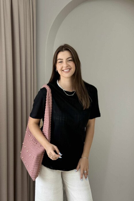 ONE COLOR POCKET DETAIL WOMEN T-SHIRT BLACK/ E ZEZE - KLAUDIO FASHION