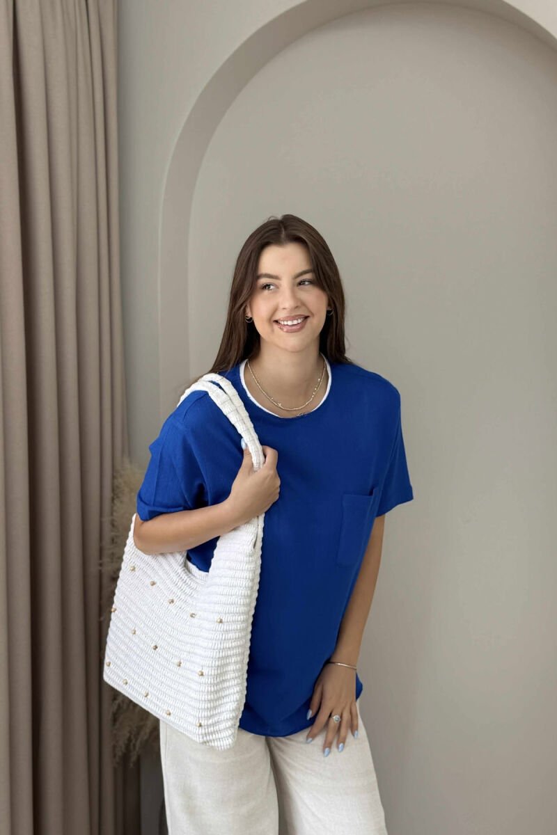 ONE COLOR POCKET DETAIL WOMEN T-SHIRT BLUE/BLU - 1