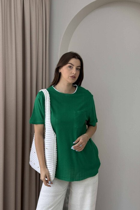 ONE COLOR POCKET DETAIL WOMEN T-SHIRT GREEN/JESHILE - KLAUDIO FASHION