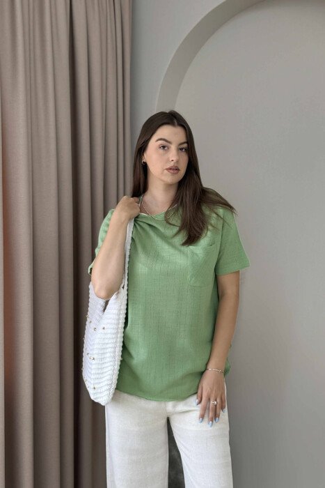 ONE COLOR POCKET DETAIL WOMEN T-SHIRT MINT/MENTE - KLAUDIO FASHION