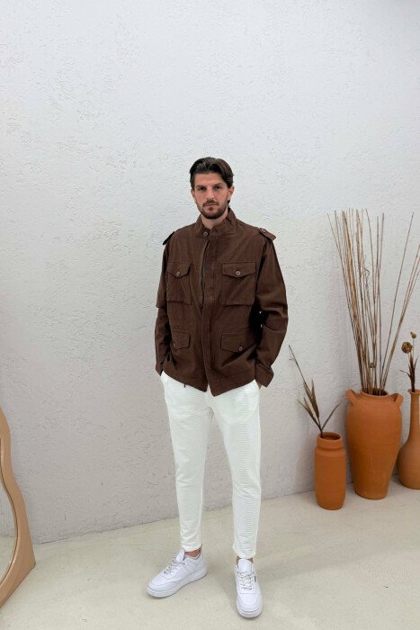 ONE COLOR POCKET DETAILS LIGHT MEN JACKET BROWN/KAFE - KLAUDIO FASHION