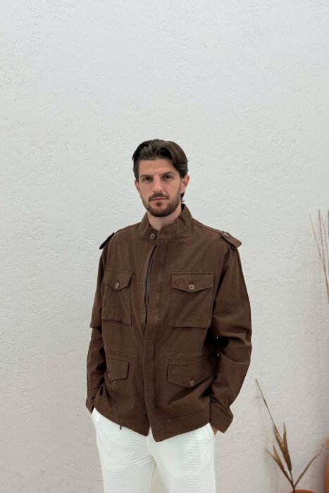 ONE COLOR POCKET DETAILS LIGHT MEN JACKET BROWN/KAFE - 3