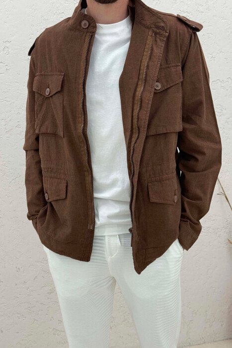 ONE COLOR POCKET DETAILS LIGHT MEN JACKET BROWN/KAFE - 4