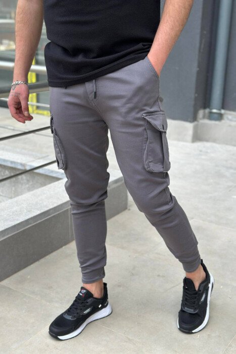 ONE COLOR POCKET MEN CARGO PANTS GREY/GRI - KLAUDIO FASHION