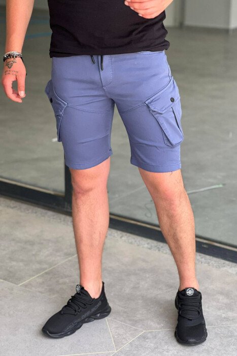 ONE COLOR POCKET MEN CARGO SHORTS DARK BLUE/BEE - KLAUDIO FASHION