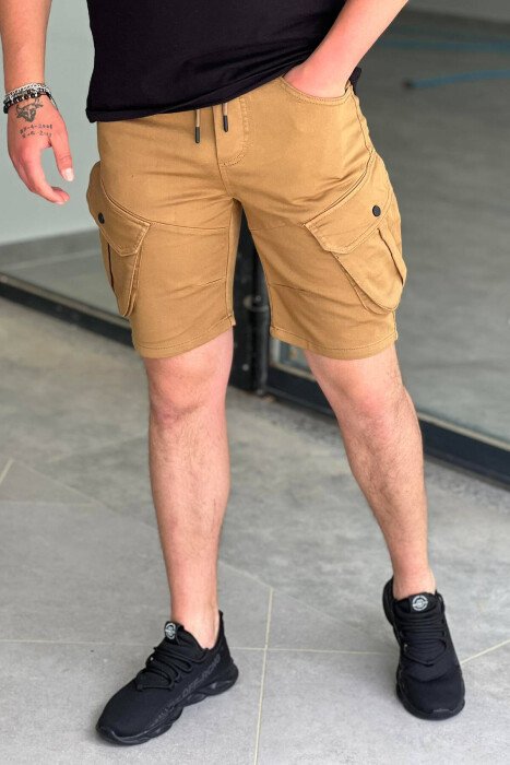 ONE COLOR POCKET MEN CARGO SHORTS LIGHT BROWN/KAZB - KLAUDIO FASHION