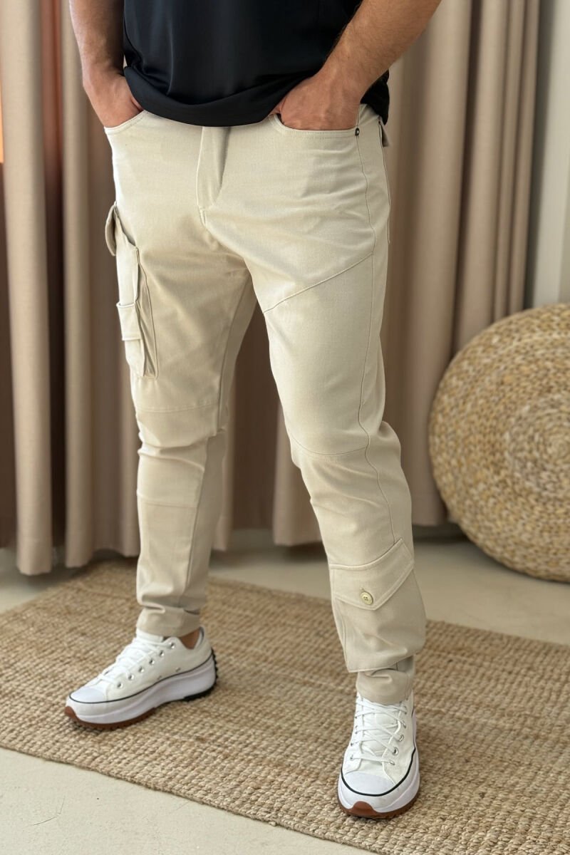 ONE COLOR POCKETS DETAIL MEN PANTS BEIGE/BEZHE - 4