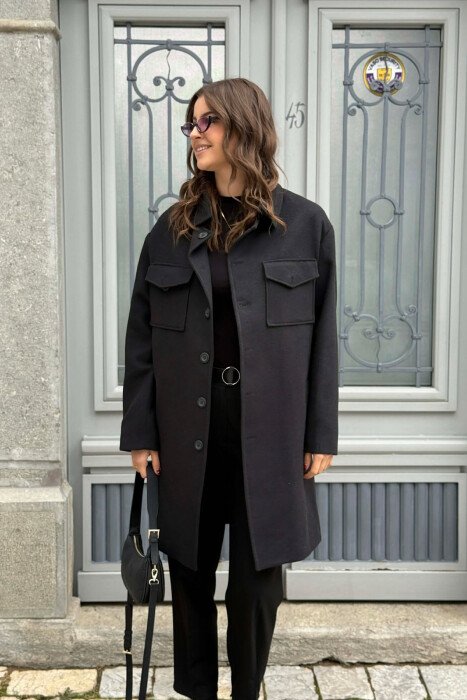 ONE COLOR POCKETS DETAILS WOMEN COAT BLACK/ E ZEZE - 1