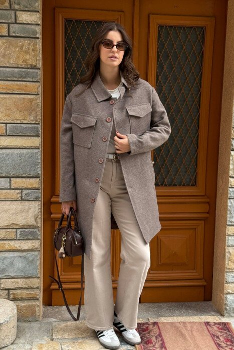 ONE COLOR POCKETS DETAILS WOMEN COAT BROWN/KAFE 